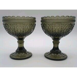 Vtg Smoky Green Compote Dish Set Of 2 Scalloped Rim